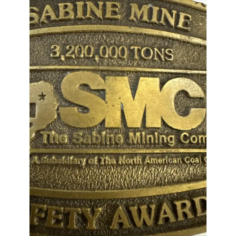 Vintage Sabine Mine Coal Mining Safety Award Belt Buckle SMC Texas Brass Tone